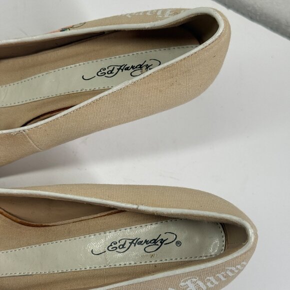 Ed Hardy High Heel Pumps Canvas Tattoo Print Beige Pink Slip On Size 7 - Picture 9 of 10